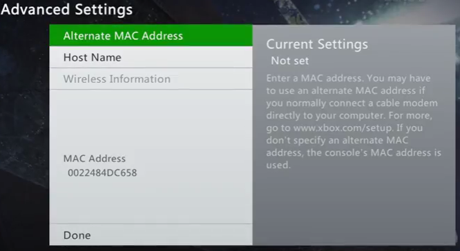 what can i put in for a alternate mac address for xbox one
